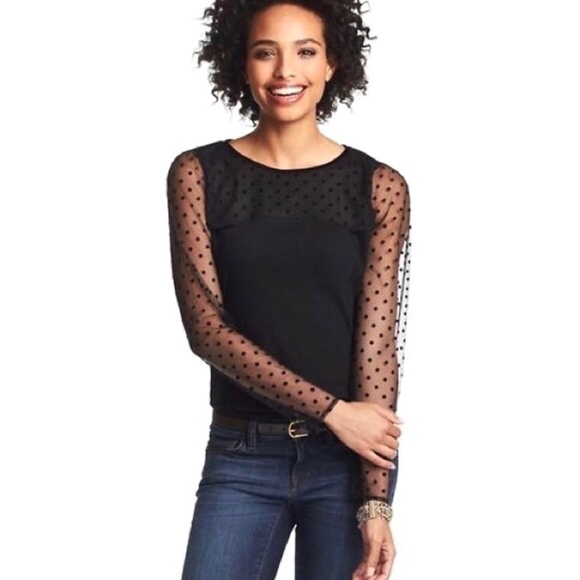 LOFT Tops - LOFT Sheer Polka Dot Black Long Sleeve Top